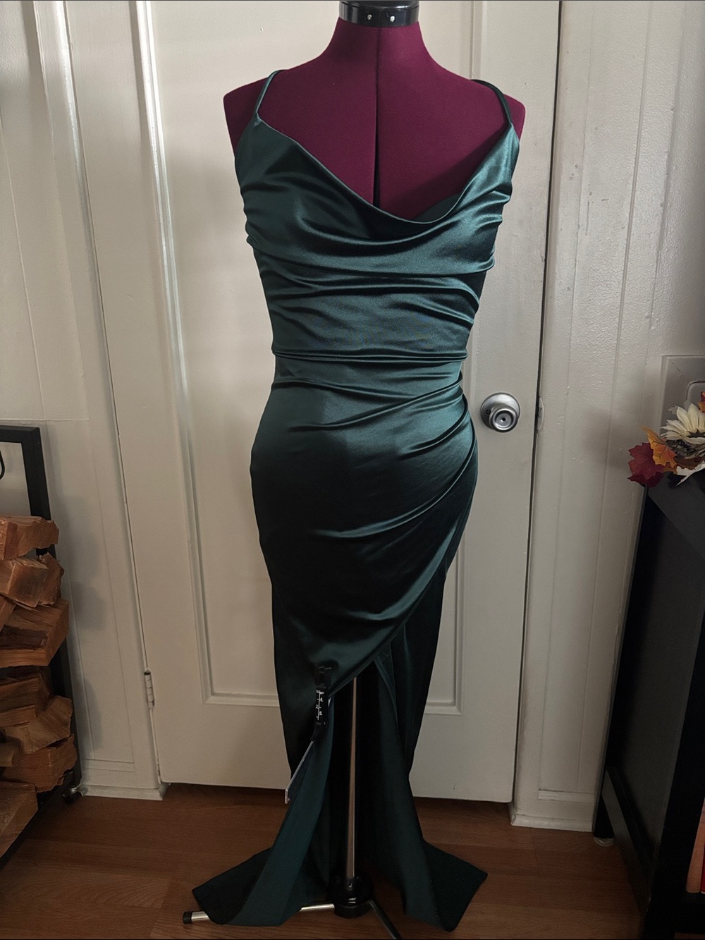 Windsor Emerald Satin Cowl Slip Maxi Dress
